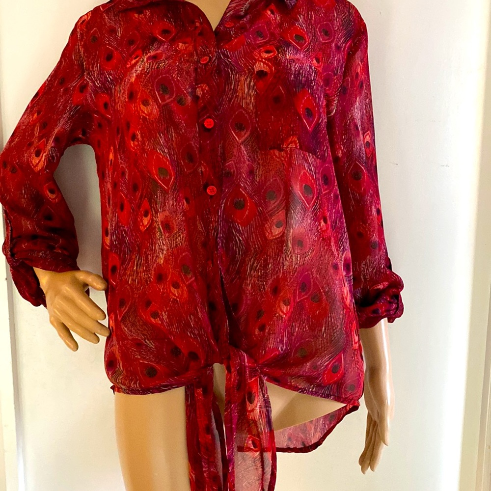 Light peacock feather print tie front blouse